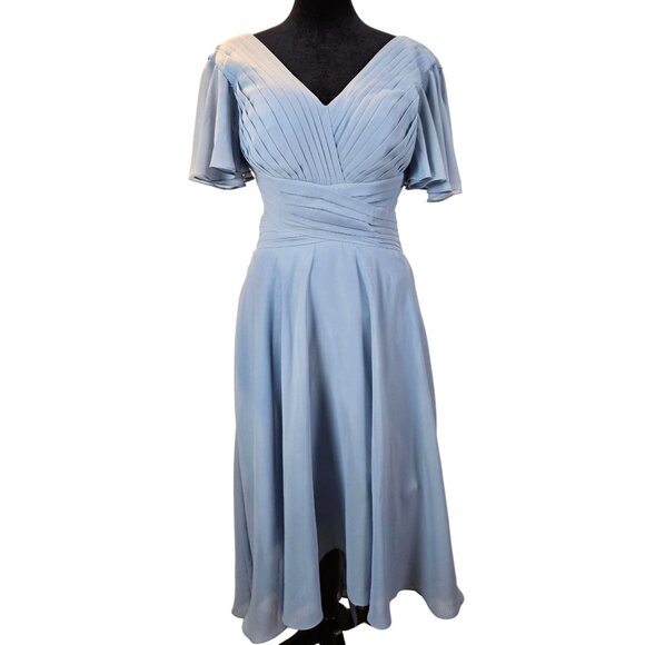 Lavetir Womens Dusty Blue Pleated V-Neck Chiffon Midi Dress Size 4 Lace-Up Back - Picture 1 of 12
